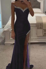 Strapless Sleeveless Long Mermaid Evening Formal Dress With Split Tassel Beading