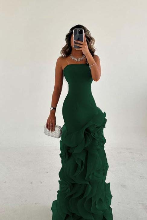 Strapless Sleeveless Long Mermaid Evening Formal Dress With Tulle Ruffled