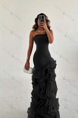 Strapless Sleeveless Long Mermaid Evening Formal Dress With Tulle Ruffled