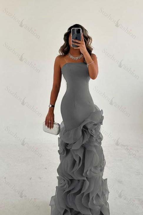 Strapless Sleeveless Long Mermaid Evening Formal Dress With Tulle Ruffled