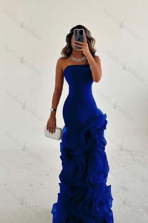 Strapless Sleeveless Long Mermaid Evening Formal Dress With Tulle Ruffled