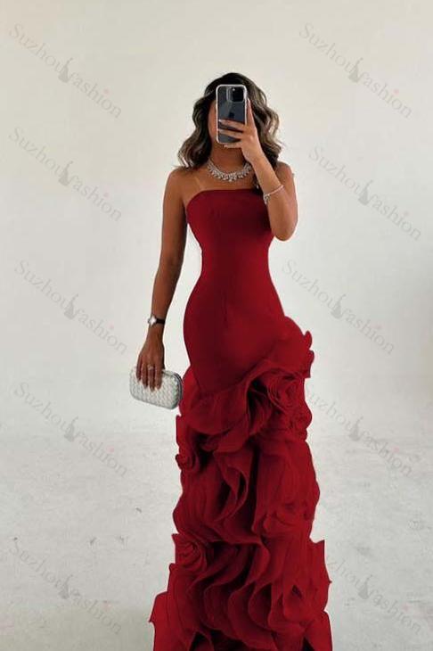 Strapless Sleeveless Long Mermaid Evening Formal Dress With Tulle Ruffled