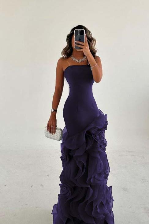 Strapless Sleeveless Long Mermaid Evening Formal Dress With Tulle Ruffled