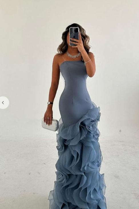 Strapless Sleeveless Long Mermaid Evening Formal Dress With Tulle Ruffled