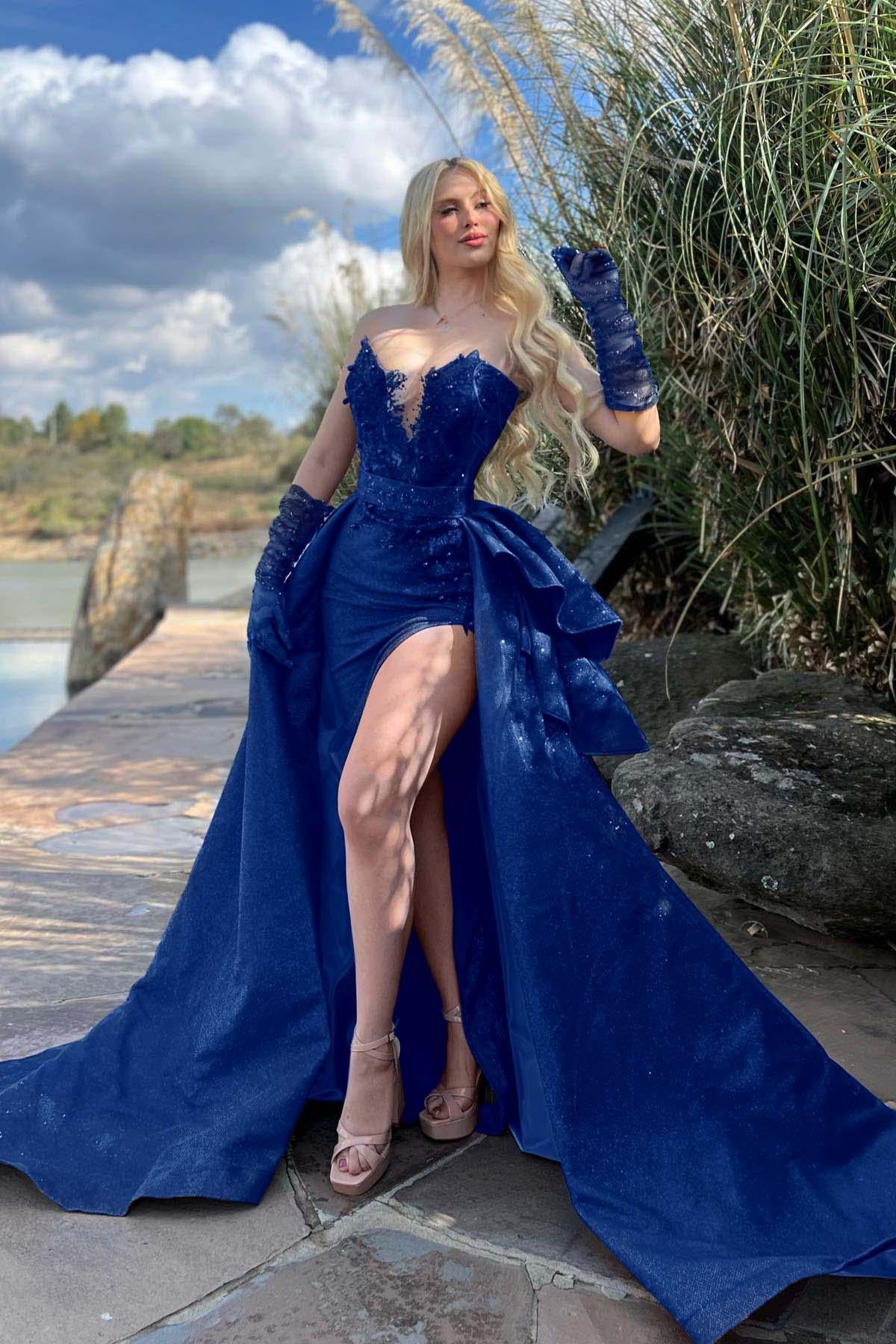 Strapless Sleeveless Long Split Evening Formal Dress Beading