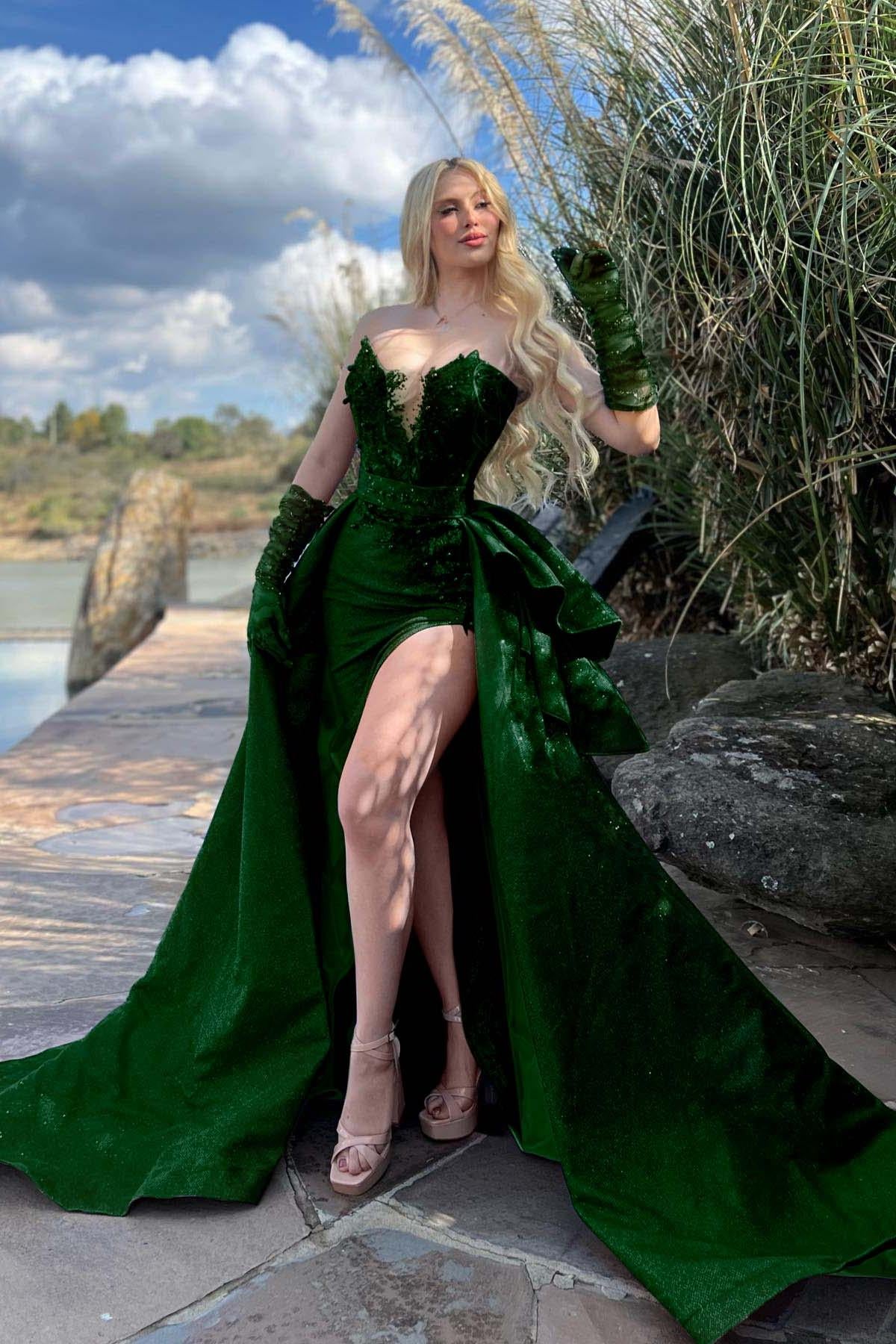 Strapless Sleeveless Long Split Evening Formal Dress Beading