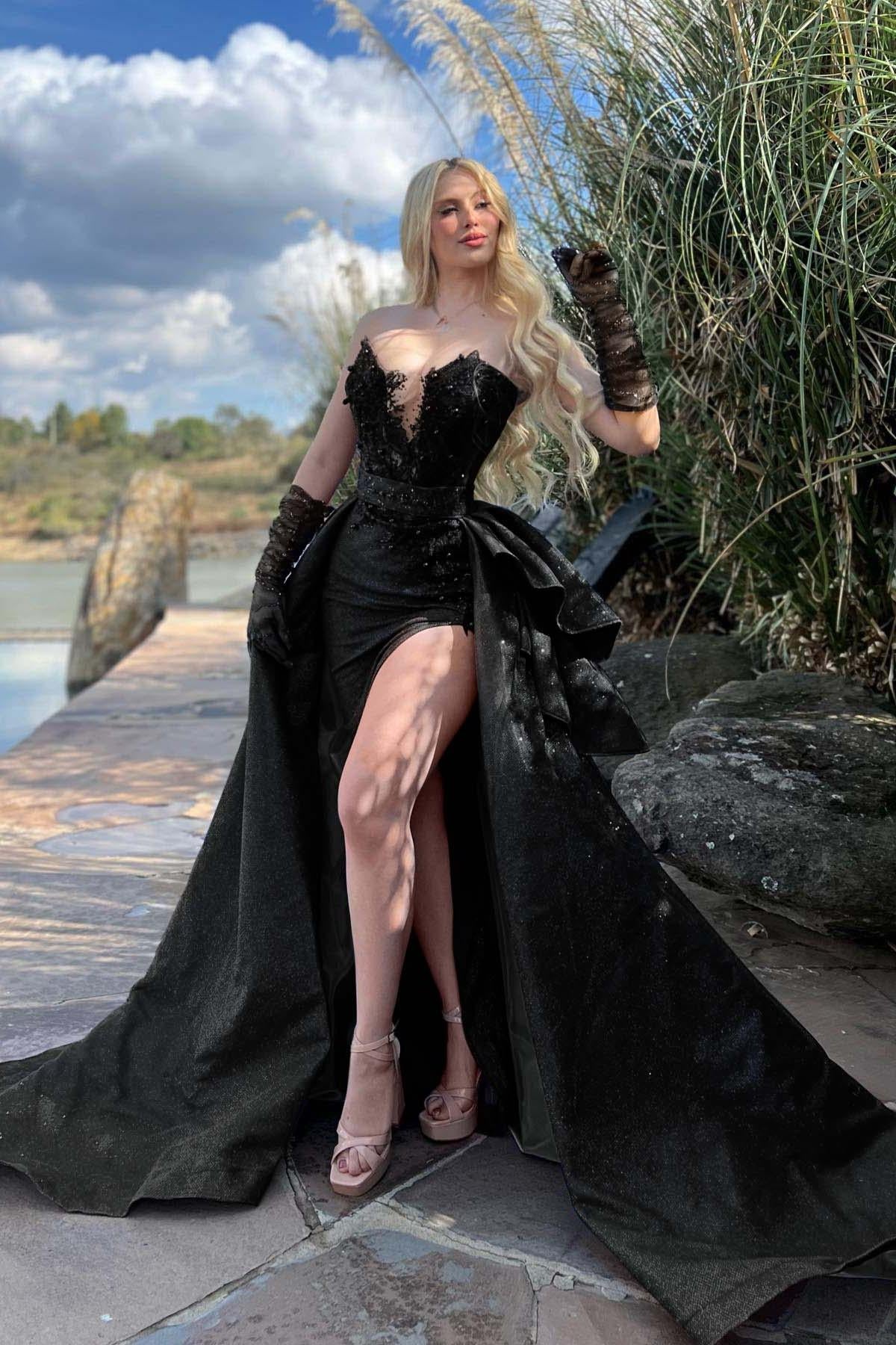 Strapless Sleeveless Long Split Evening Formal Dress Beading