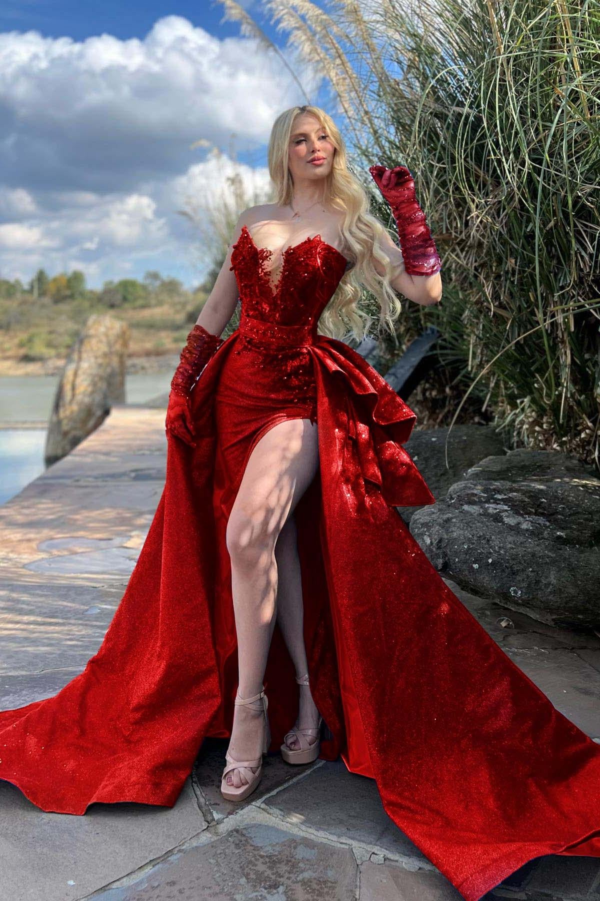 Strapless Sleeveless Long Split Evening Formal Dress Beading