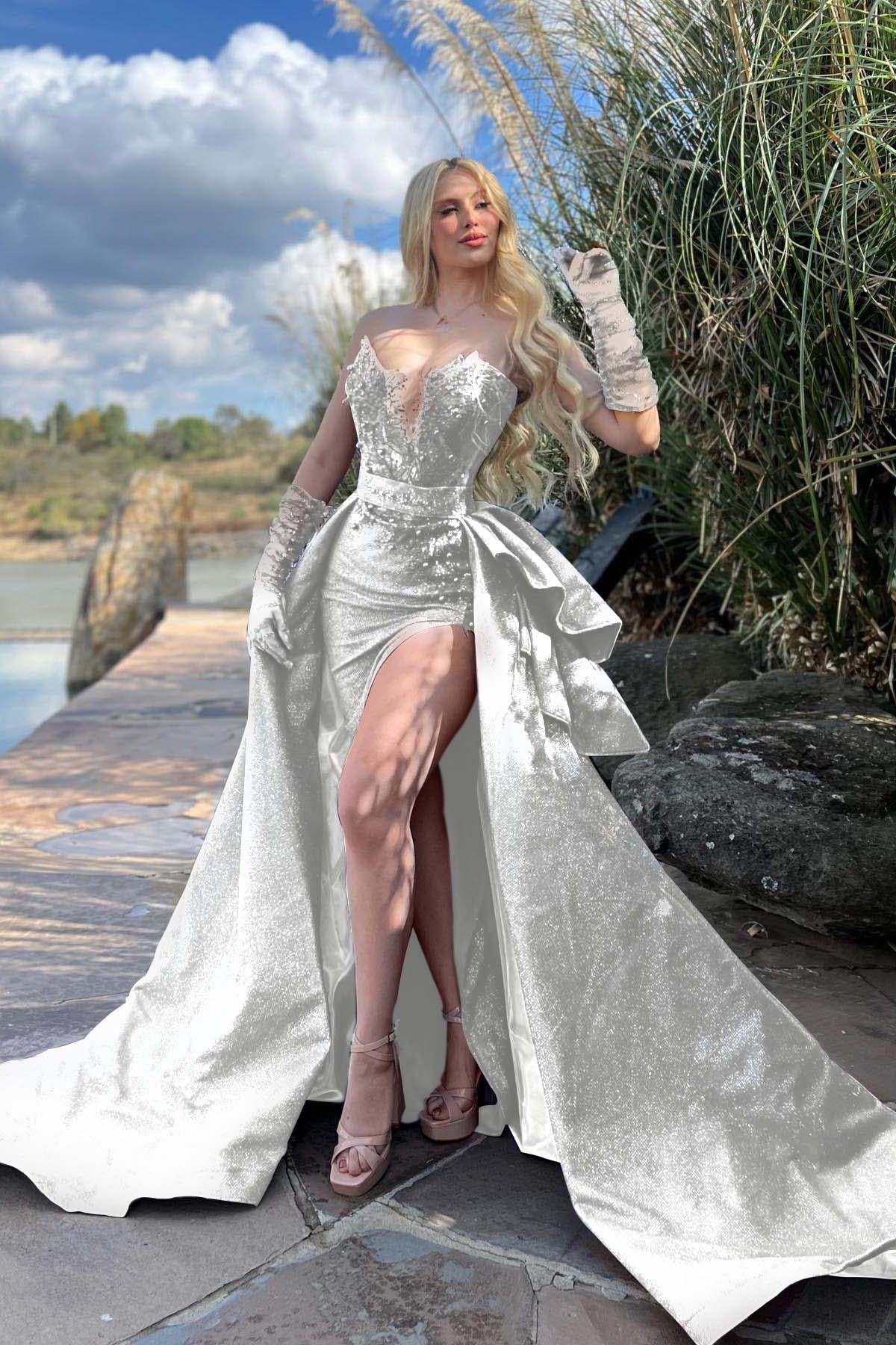 Strapless Sleeveless Long Split Evening Formal Dress Beading