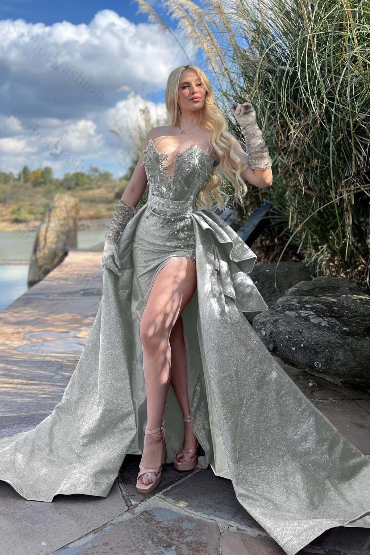 Strapless Sleeveless Long Split Evening Formal Dress Beading