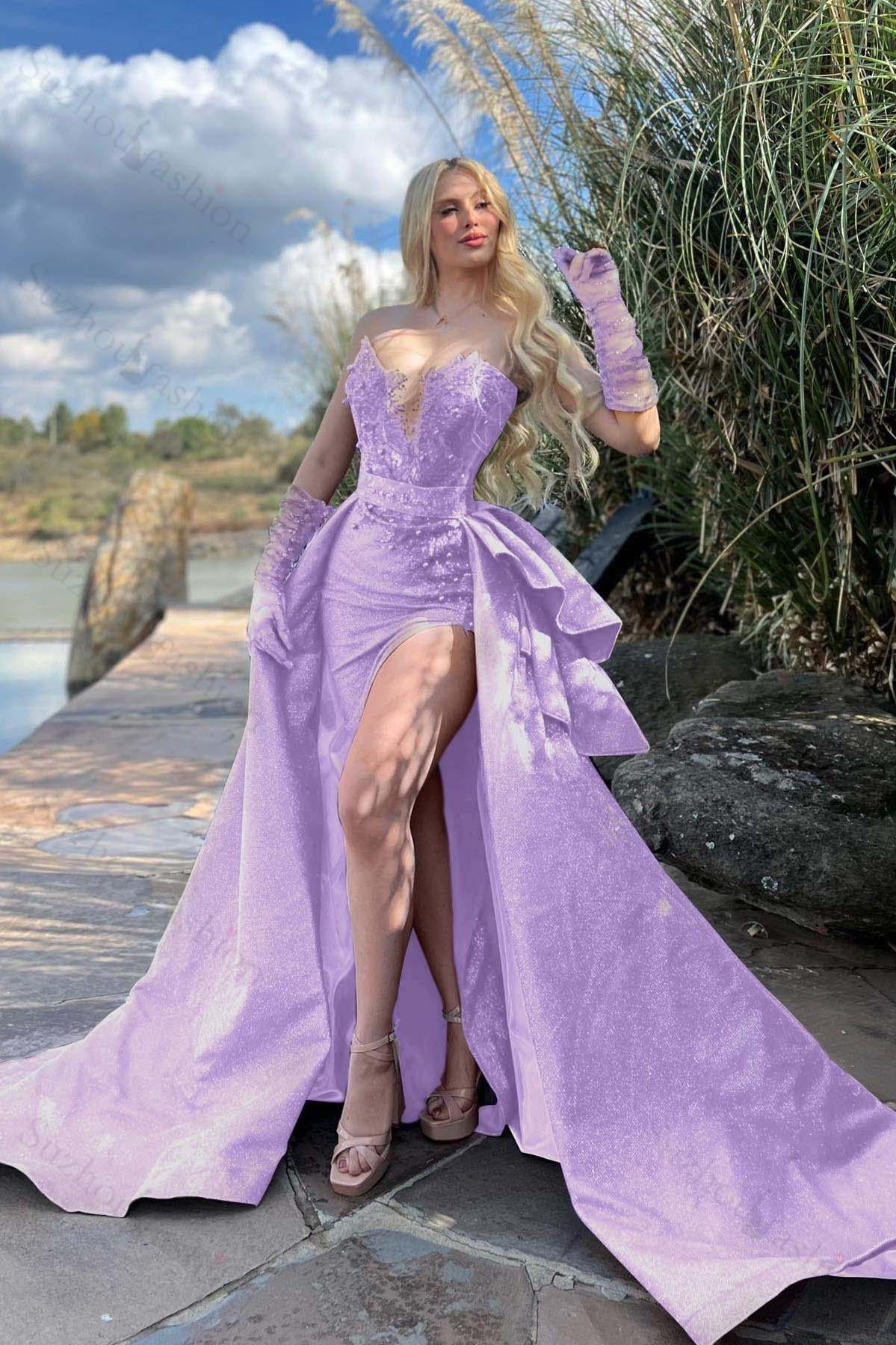 Strapless Sleeveless Long Split Evening Formal Dress Beading