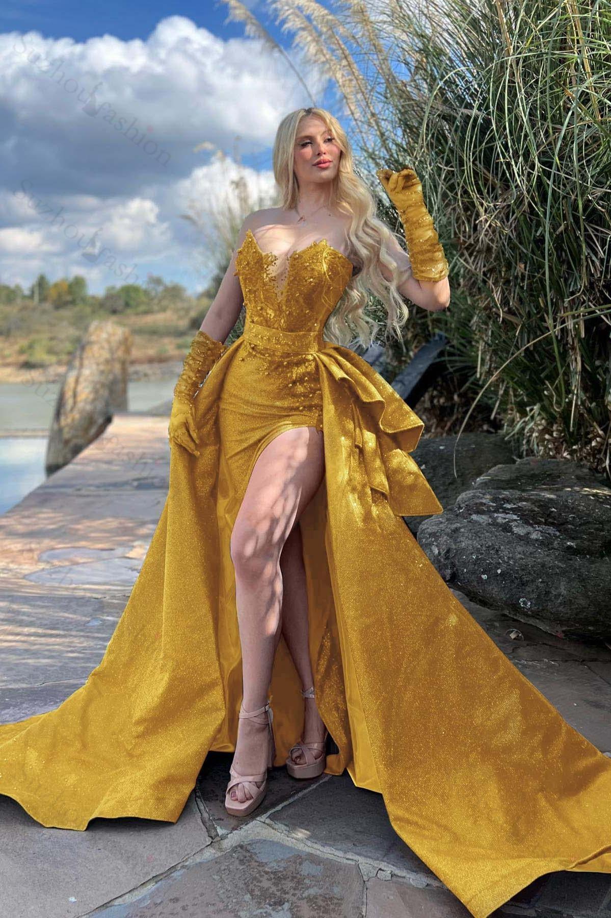 Strapless Sleeveless Long Split Evening Formal Dress Beading