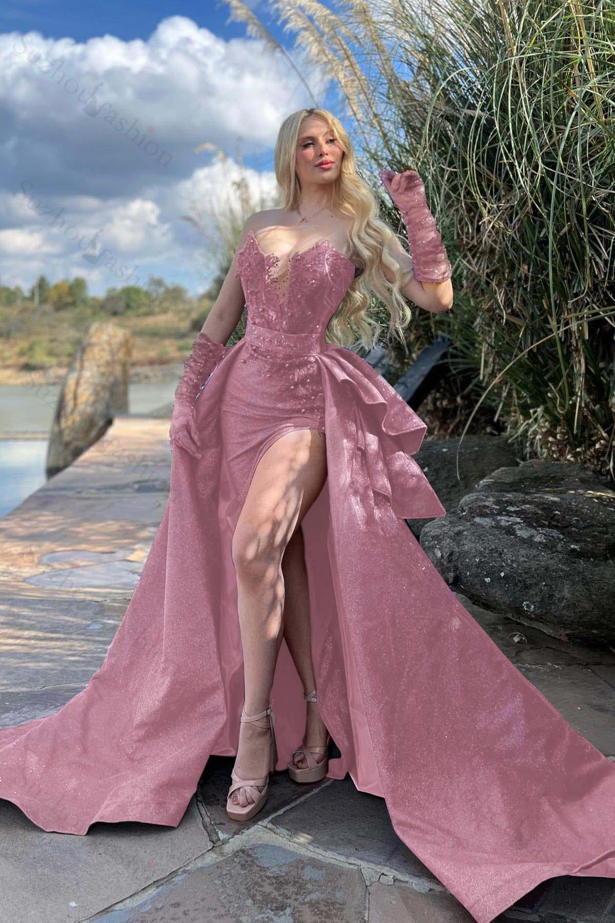 Strapless Sleeveless Long Split Evening Formal Dress Beading