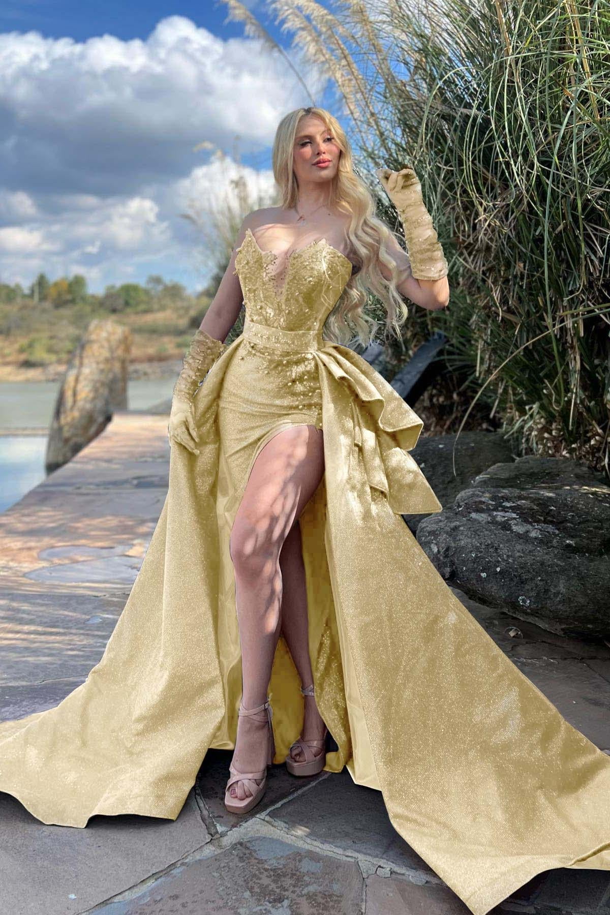 Strapless Sleeveless Long Split Evening Formal Dress Beading