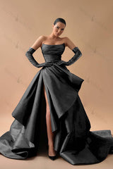 Strapless Sleeveless Long Split Evening Formal Dress Pleated