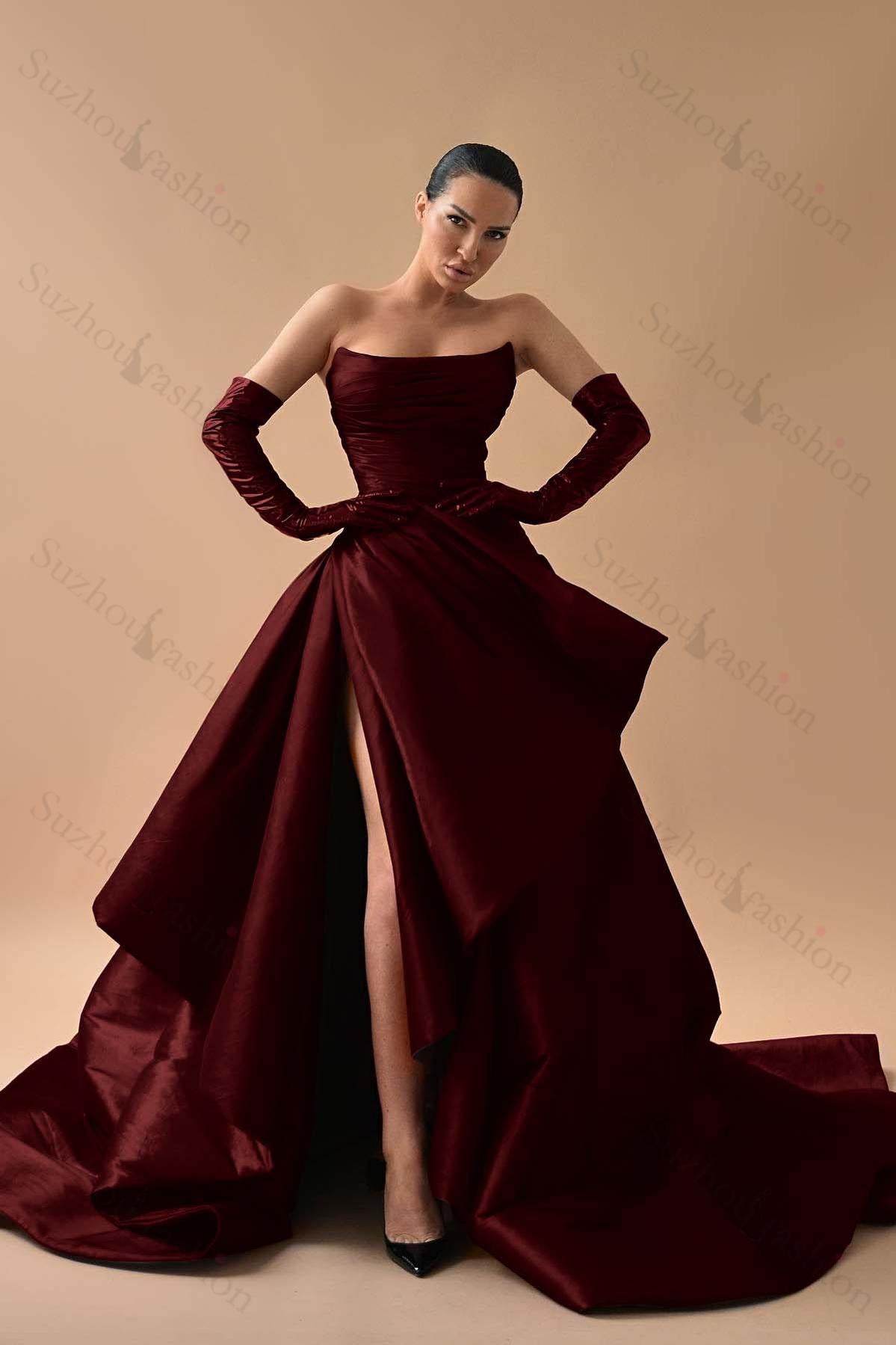 Strapless Sleeveless Long Split Evening Formal Dress Pleated