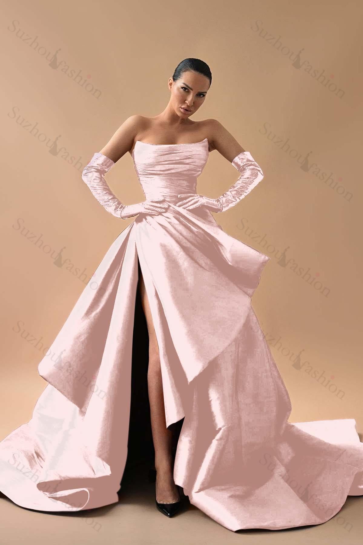 Strapless Sleeveless Long Split Evening Formal Dress Pleated