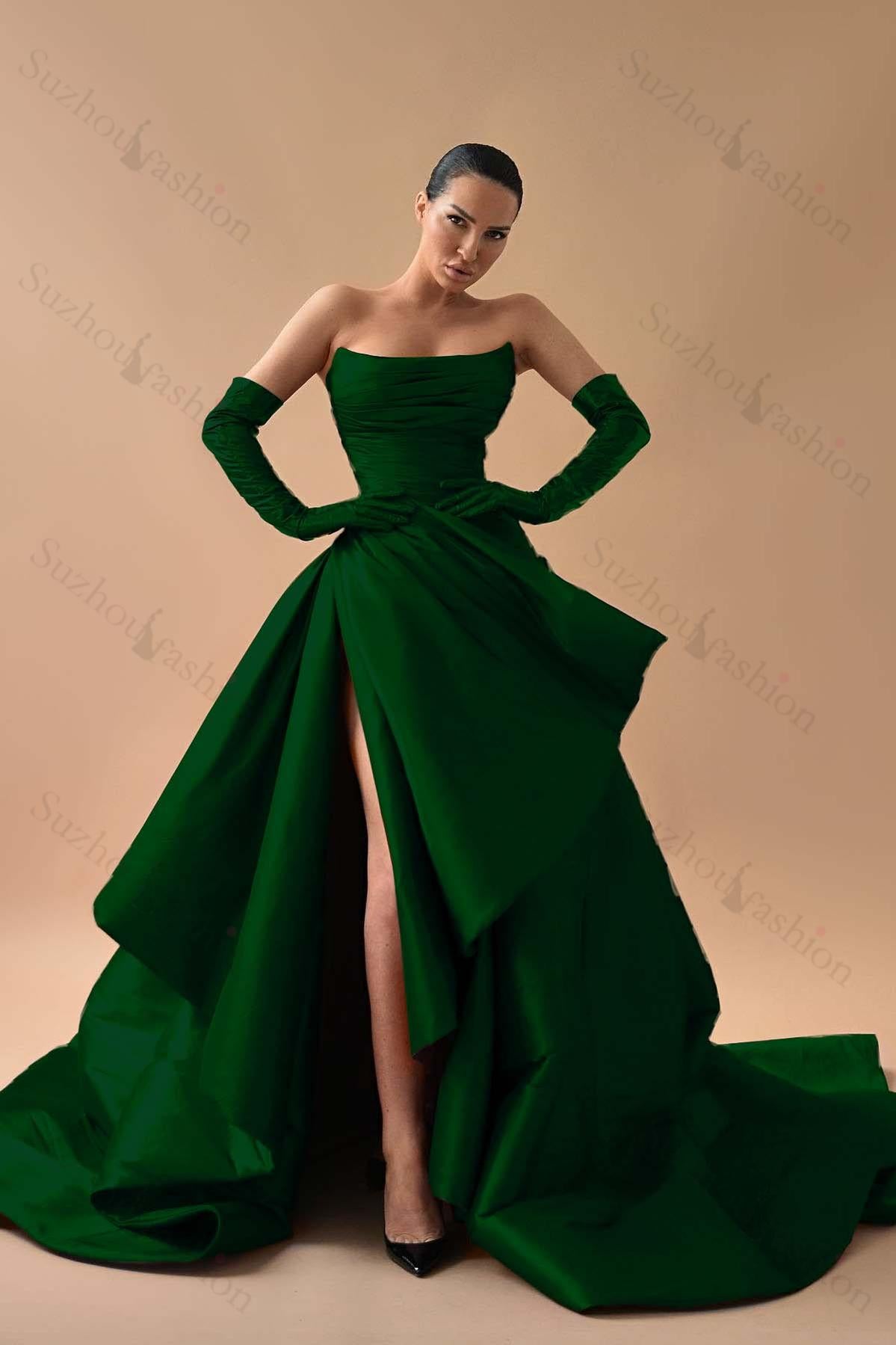 Strapless Sleeveless Long Split Evening Formal Dress Pleated