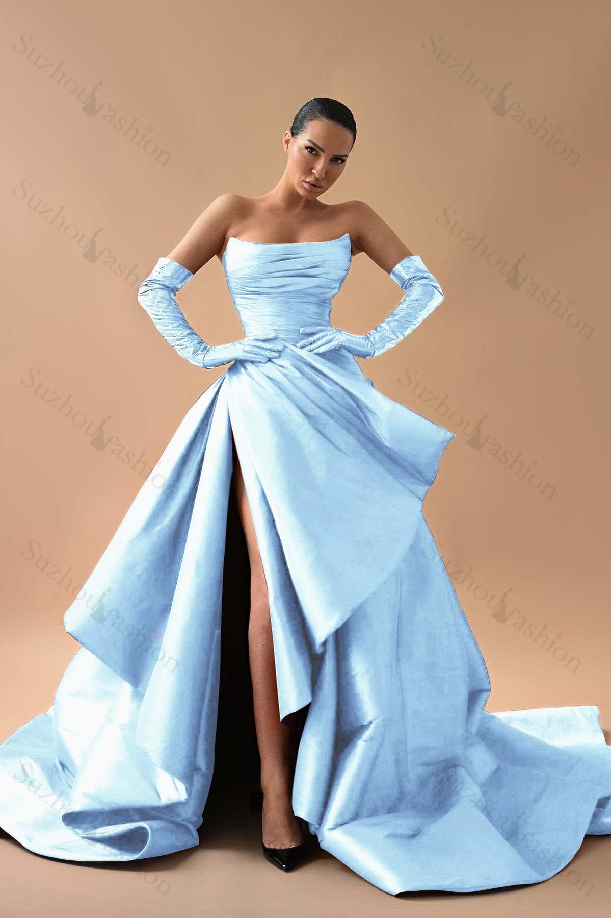 Strapless Sleeveless Long Split Evening Formal Dress Pleated