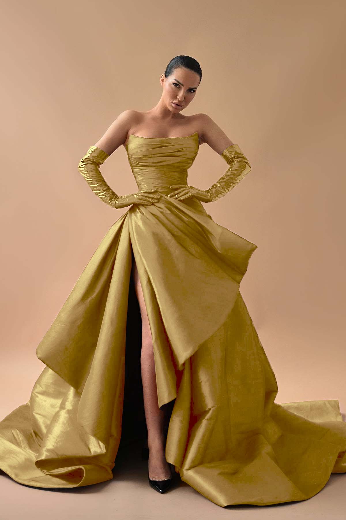 Strapless Sleeveless Long Split Evening Formal Dress Pleated