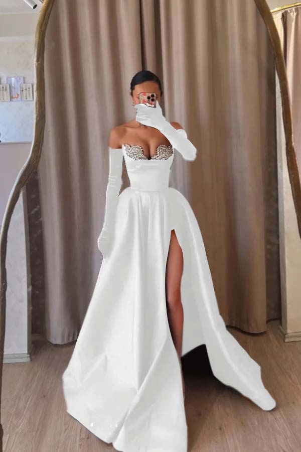 Strapless Sleeveless Long Split Evening Formal Dress With Beading Long Gloves