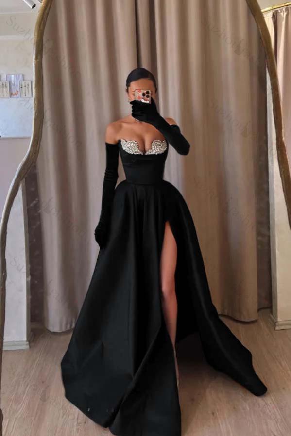 Strapless Sleeveless Long Split Evening Formal Dress With Beading Long Gloves