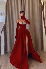 Strapless Sleeveless Long Split Evening Formal Dress With Beading Long Gloves