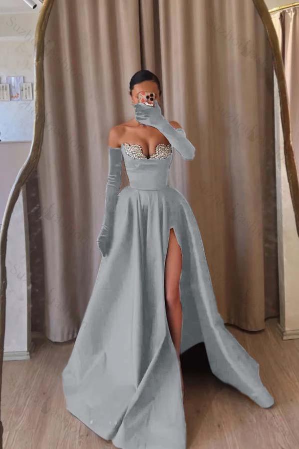 Strapless Sleeveless Long Split Evening Formal Dress With Beading Long Gloves