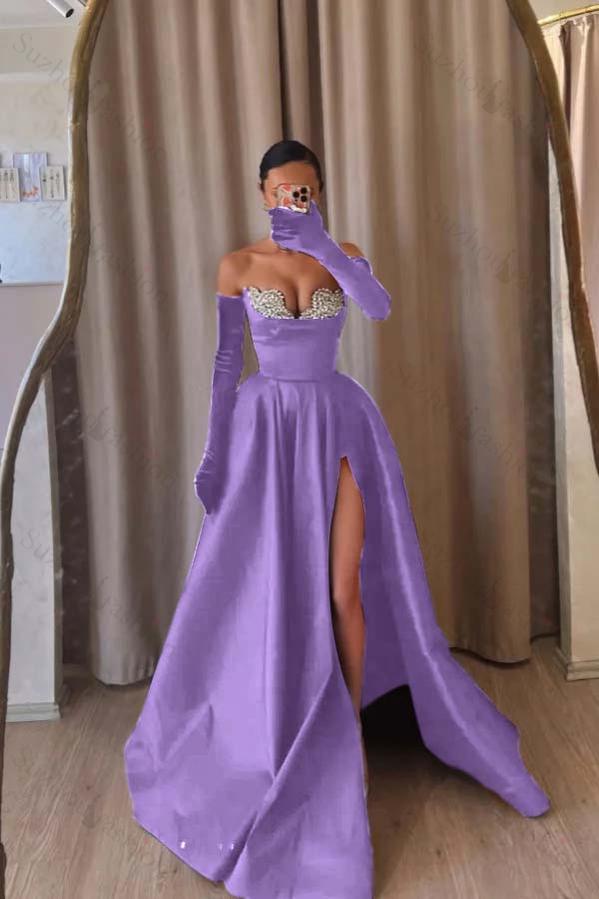 Strapless Sleeveless Long Split Evening Formal Dress With Beading Long Gloves