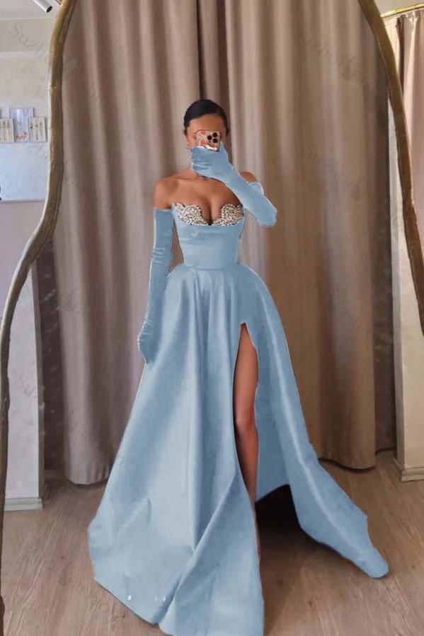 Strapless Sleeveless Long Split Evening Formal Dress With Beading Long Gloves