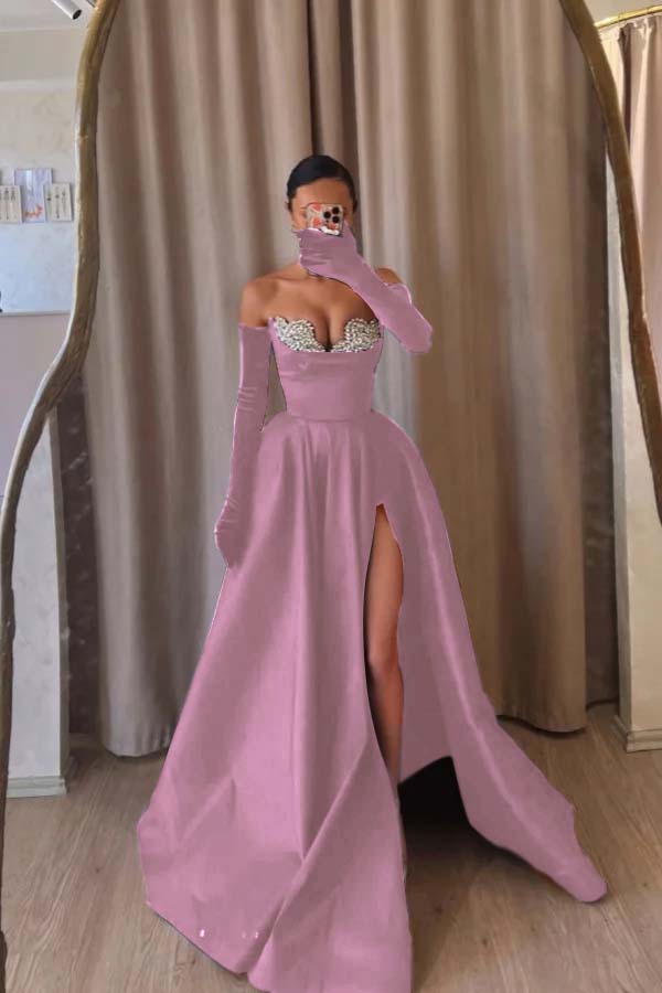 Strapless Sleeveless Long Split Evening Formal Dress With Beading Long Gloves