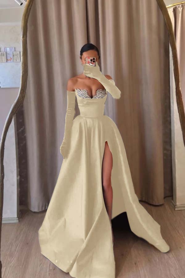 Strapless Sleeveless Long Split Evening Formal Dress With Beading Long Gloves