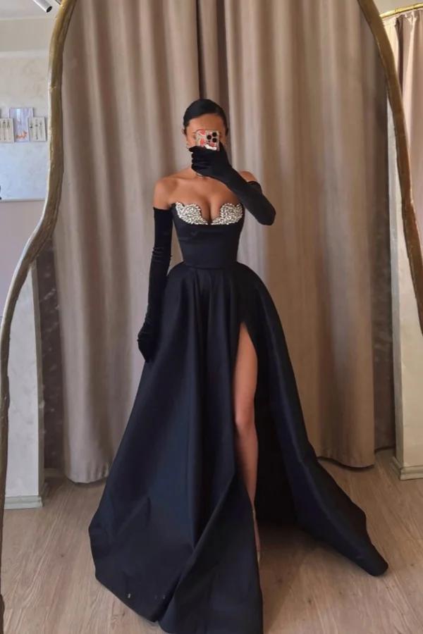 Strapless Sleeveless Long Split Evening Formal Dress With Beading Long Gloves