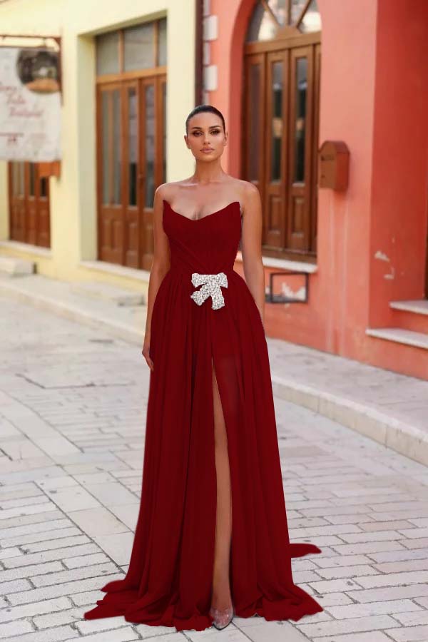 Strapless Sleeveless Long Split Evening Formal Dress With Pleated Beading