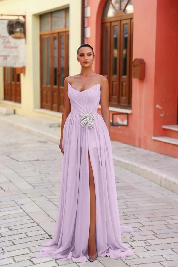 Strapless Sleeveless Long Split Evening Formal Dress With Pleated Beading