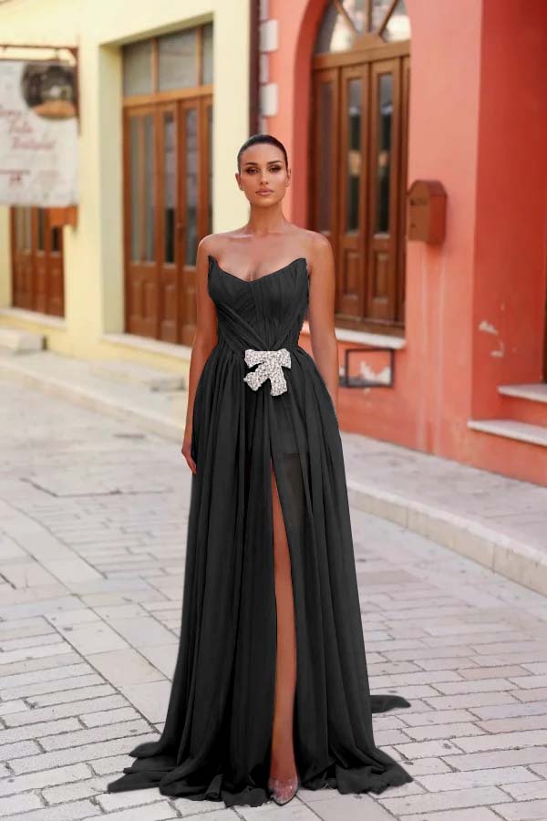Strapless Sleeveless Long Split Evening Formal Dress With Pleated Beading
