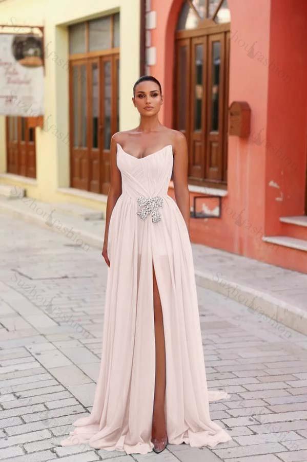 Strapless Sleeveless Long Split Evening Formal Dress With Pleated Beading
