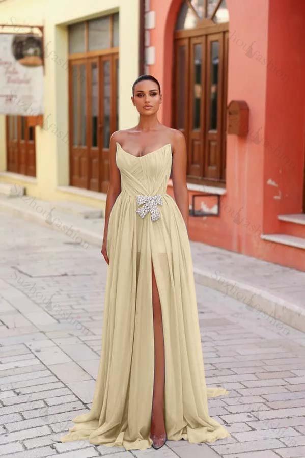 Strapless Sleeveless Long Split Evening Formal Dress With Pleated Beading