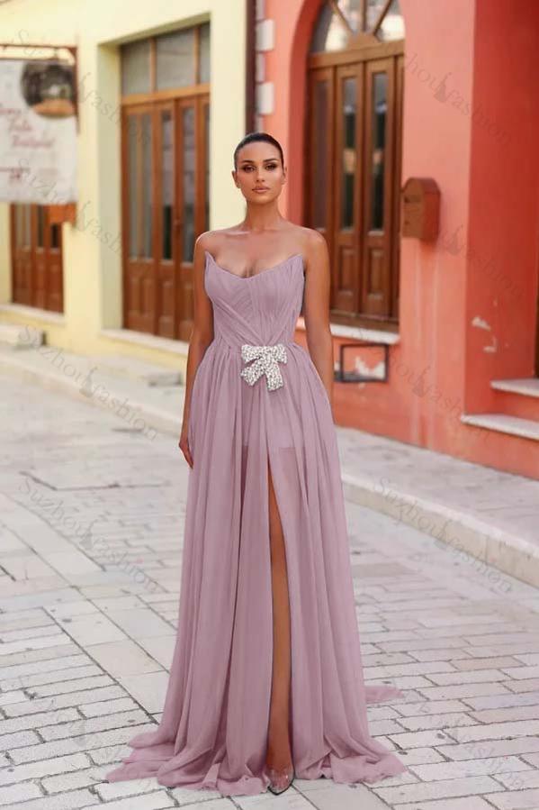 Strapless Sleeveless Long Split Evening Formal Dress With Pleated Beading