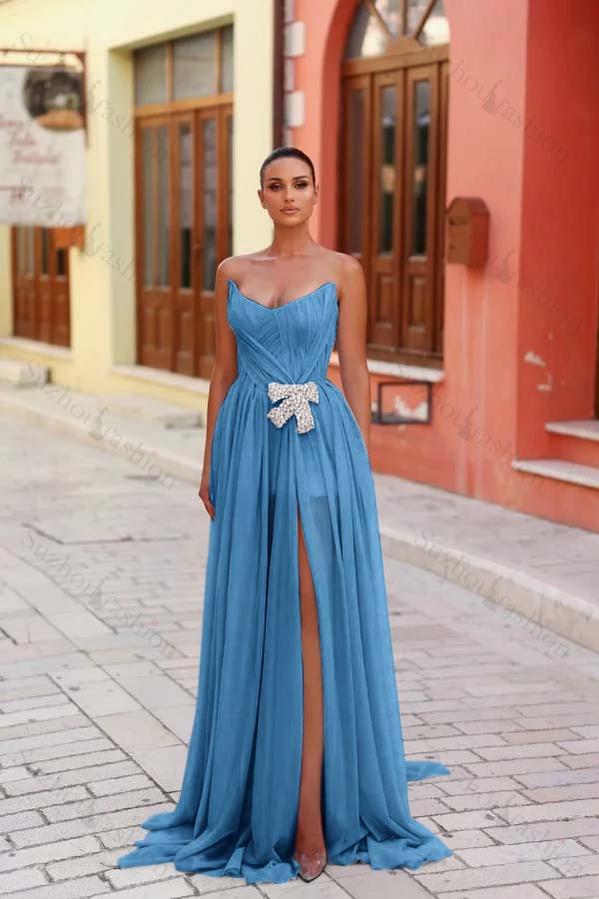 Strapless Sleeveless Long Split Evening Formal Dress With Pleated Beading