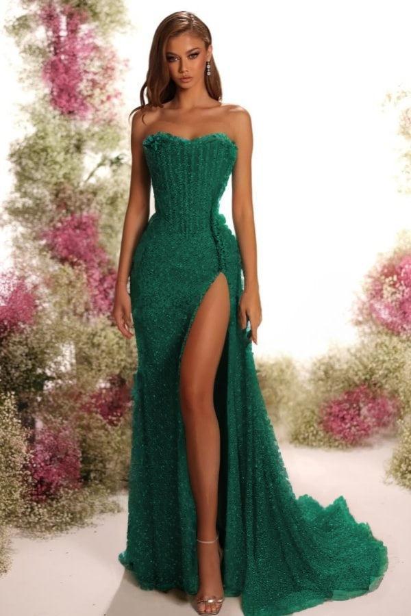 Strapless Sleeveless Long Split Evening Formal Dress With Pleated Sequined