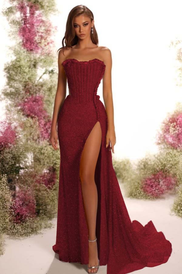 Strapless Sleeveless Long Split Evening Formal Dress With Pleated Sequined