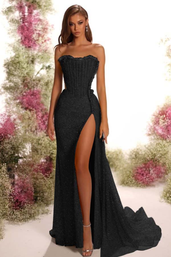 Strapless Sleeveless Long Split Evening Formal Dress With Pleated Sequined