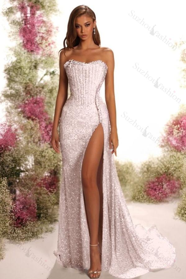 Strapless Sleeveless Long Split Evening Formal Dress With Pleated Sequined
