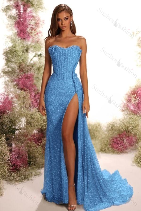 Strapless Sleeveless Long Split Evening Formal Dress With Pleated Sequined