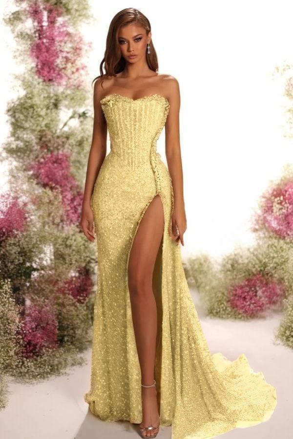 Strapless Sleeveless Long Split Evening Formal Dress With Pleated Sequined