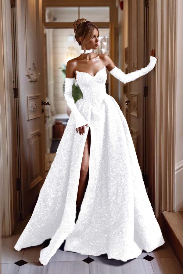 Strapless Sleeveless Long Split Evening Formal Dress With Sequined Detachable sleeves