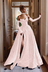 Strapless Sleeveless Long Split Evening Formal Dress With Sequined Detachable sleeves