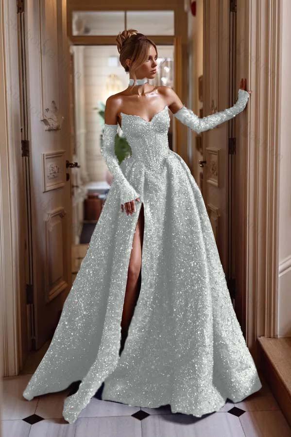 Strapless Sleeveless Long Split Evening Formal Dress With Sequined Detachable sleeves