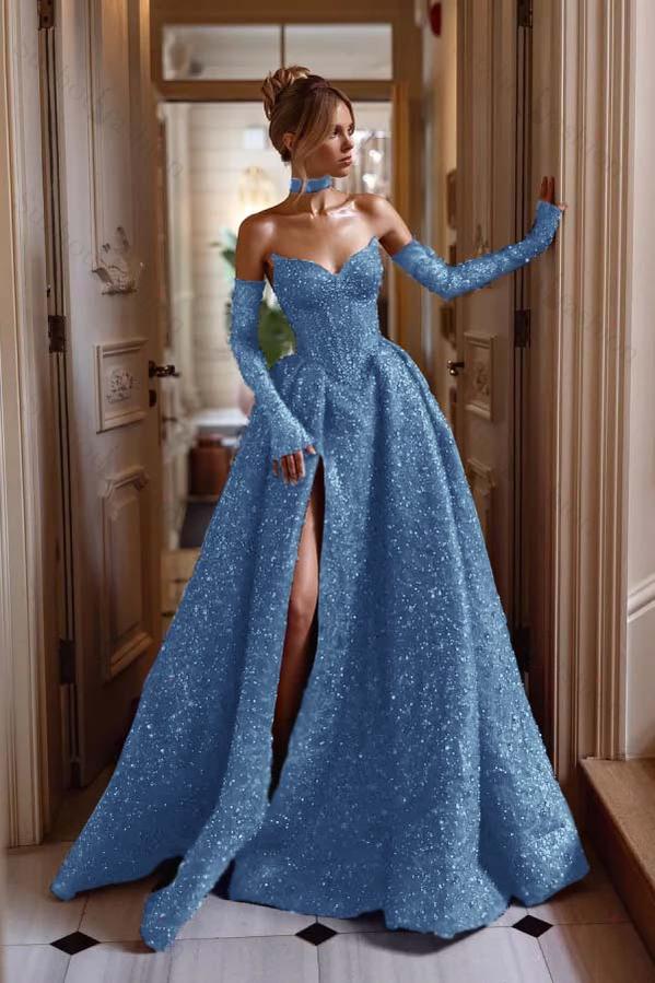 Strapless Sleeveless Long Split Evening Formal Dress With Sequined Detachable sleeves